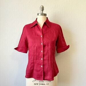 LAFAYETTE 148 Linen Shirt Red Button Up SS Preppy Minimalist